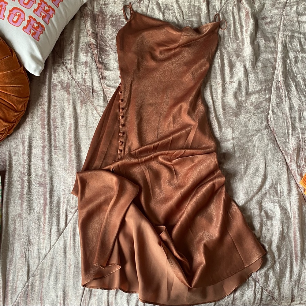 Brown satin slip dress from Zara